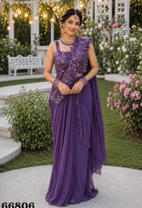 Purple Georgette Classic Sari with Embroidered Work